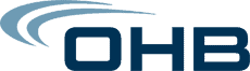 OHB-Logo mit stilisiertem Schwung auf blauem Hintergrund