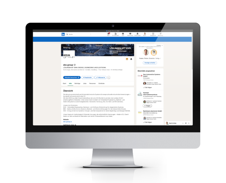 LinkedIn-Unternehmensseite der ebs group auf Monitor