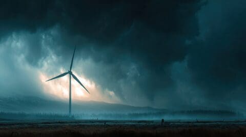 Windkraftanlage vor dramatischem Gewitterhimmel