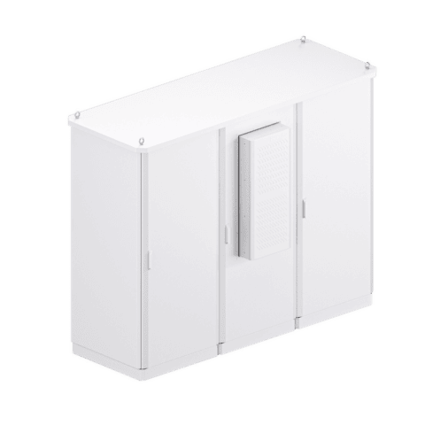 White metal control cabinet with external ventilation unit