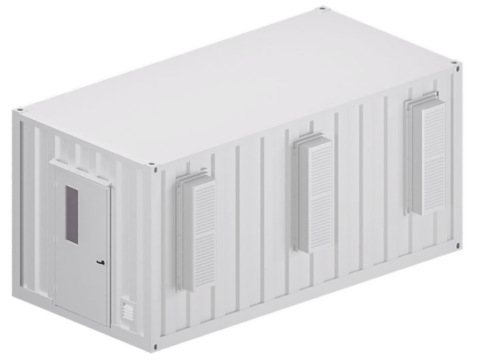 Weißer Technikcontainer mit Tür und Lüftungseinheiten